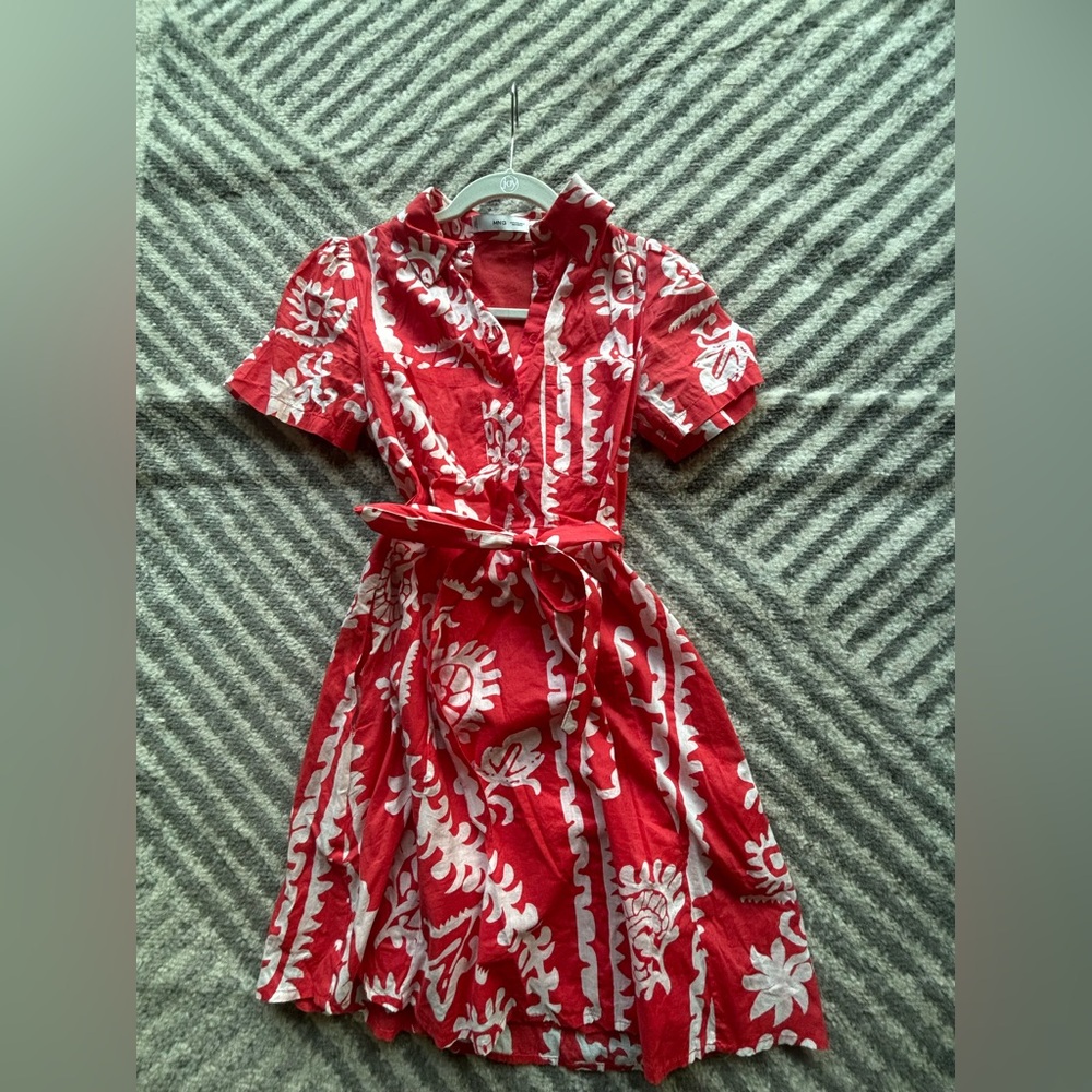 Mango red floral linen mini dress
